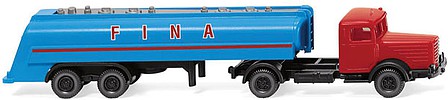 Wiking 98242 N Scale 1950-1956 Bussing 8000 Tractor with Tank Trailer - Assembled -- Fina (blue, red, German Lettering)