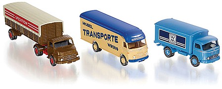 Wiking 99090 HO Scale Old Wiking 1950s/1960s 3-Vehicle Set - Assembled -- 1 Each: Mercedes-Benz LP 321 & Flatbed, Ackerman Furniture Van