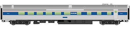 Walthers Mainline 30163 HO Scale 85' Budd Diner - Ready to Run -- Amtrak(R) (Phase IV; silver, Wide Blue, Thin Red & White Stripes)