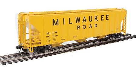Walthers Mainline 910-7468 HO Scale 50' Pullman-Standard PS-2 CD 4427 Covered Hopper - Ready To Run -- Milwaukee Road #98680 (yellow, Billboard Lettering)