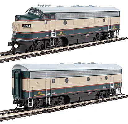 Walthers Mainline 910-9935 HO Scale EMD F7 A-B Set - Standard DC -- Burlington Northern #1, 2 (Executive Scheme; cream, Grinstein Green)