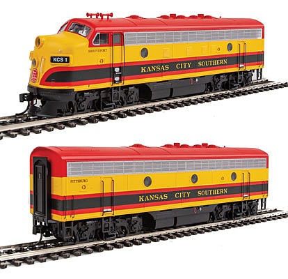 Walthers Mainline 910-9941 HO Scale EMD F7 A-B Set - Standard DC -- Kansas City Southern #1 "Shreveport", 3 "Pittsburg" (Belle; yellow, red, green