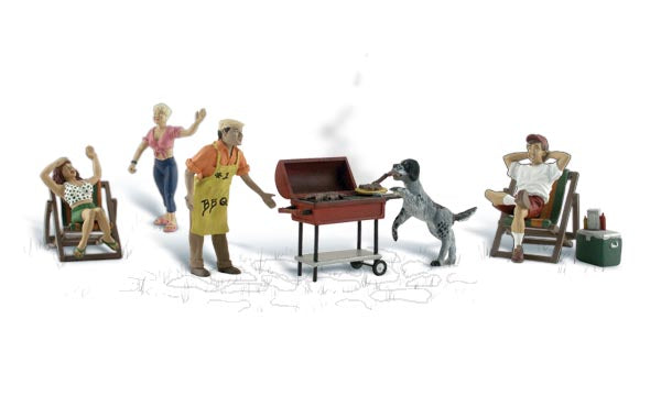 Woodland Scenics 1929 HO Scenic Accents Backyard Barbeque (4 Figs, 2 Chairs, Grill, Cooler & Dog)