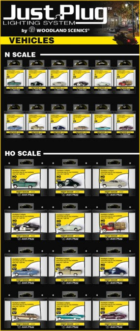 Woodland Scenics 5589 HO & N Just Plug Lighted Vehicles Assortment & Merchandiser (2ea 5590-5621) SPECIAL ORDER