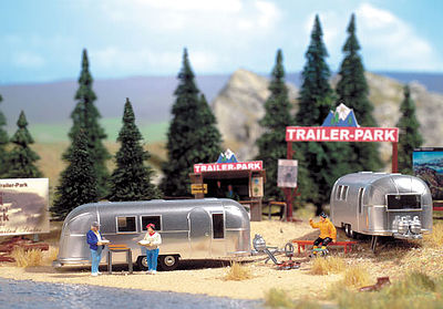 Walthers Scenemaster 2902 HO Scale Camp Site with Two Trailers - Kit -- Two Camping Trailers, Signs & Accessories