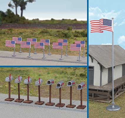 Walthers Scenemaster 4166 HO Scale Flags (11) and Mailboxes (8) -- American Flags (50 Stars, 1959-Present)