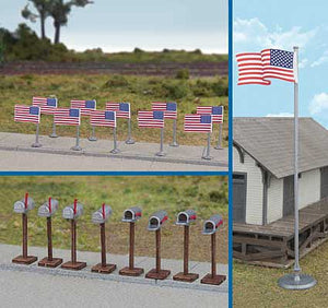 Walthers Scenemaster 4166 HO Scale Flags (11) and Mailboxes (8) -- American Flags (50 Stars, 1959-Present)