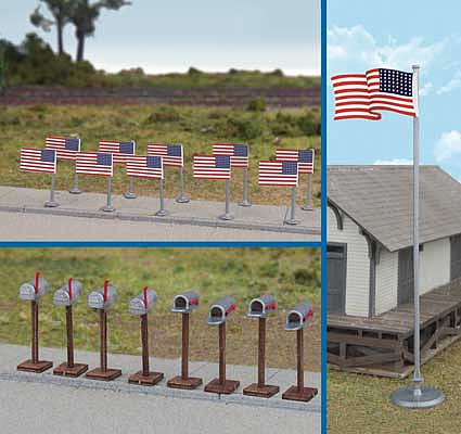 Walthers Scenemaster 4171 HO Scale Flags (11) and Mailboxes (8) -- American Flags (48 Stars, 1912-1959)