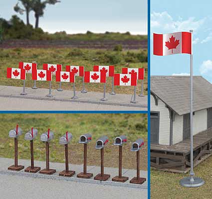 Walthers Scenemaster 4172 HO Scale Flags (11) and Mailboxes (8) -- Canadian Flags, 1965-Present